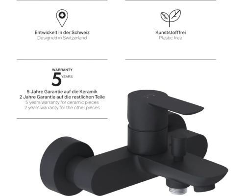 Mitigeur de baignoire noir avec une garantie de cinq ans sur la céramique et la mention 'Développé en Suisse'.