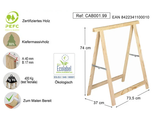Holzbock aus massivem Kiefernholz mit einer Traglast von 400 Kilogramm