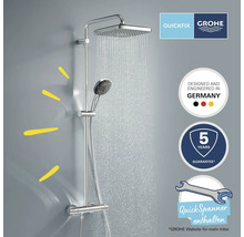 Système de douche Grohe Quickfix avec douche de tête et douchette à main ainsi que mitigeur thermostatique. Logo Grohe. Fabriqué en Allemagne. Garantie de cinq ans. Clé de montage incluse.