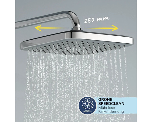 Pomme de douche carrée avec jet d'eau et logo Grohe SpeedClean pour un détartrage sans effort