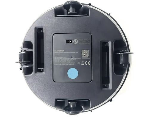 Dessous d'un robot aspirateur avec roues et compartiment à piles