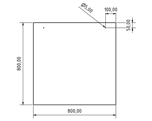 Technische Zeichnung einer quadratischen Platte mit den Maßen 800 x 800 mm
