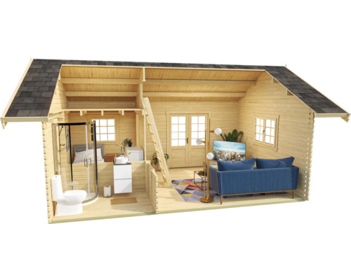 Vue intérieure d'une maison en bois avec salle de bains, chambre et salon