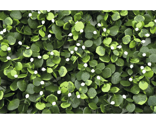 Mur végétal artificiel avec eucalyptus et fleurs blanches