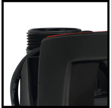 Vue détaillée d'une pompe noire avec câble et raccord strié.