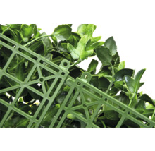 Détail d'une haie artificielle avec des feuilles et une structure en treillis