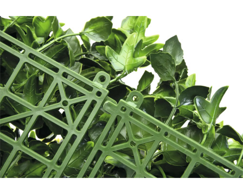 Détail d'une haie artificielle avec des feuilles et une structure en treillis