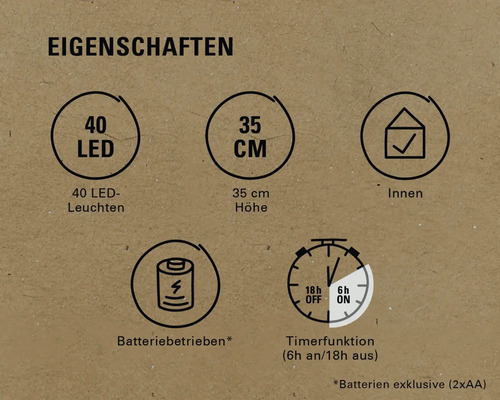 Eigenschaften: 40 LED Leuchten, 35 cm Höhe, für Innenräume, Batteriebetrieb, Timerfunktion