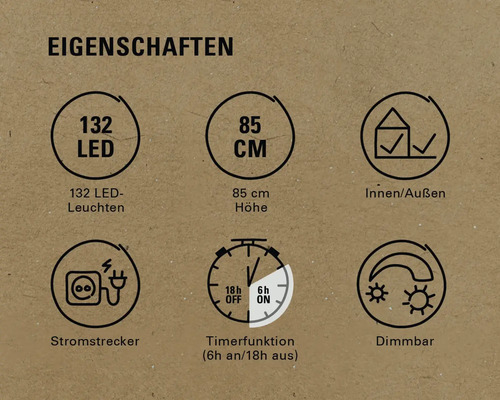 Eigenschaften: 132 LEDs, 85 Zentimeter Höhe, Innen- und Außenbereich, Netzstecker, Timerfunktion, dimmbar