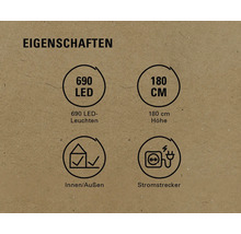 Eigenschaften: 690 LEDs, 180 Zentimeter Höhe, geeignet für Innen und Aussen, Stromstecker