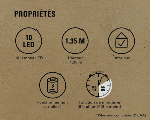Propriétés: 10 LED, hauteur de 1,35 mètre, convient pour l'intérieur, fonctionne sur piles, fonction de minuterie