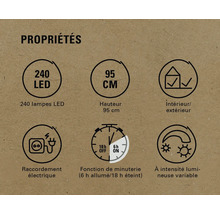 Propriétés du produit : 240 LED, hauteur de 95 cm, intérieur/extérieur, raccordement électrique, fonction de minuterie (6 h allumé/18 h éteint), intensité lumineuse variable