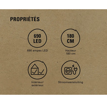 Propriétés : 690 LED, hauteur 180 cm, pour intérieur et extérieur, raccordement électrique
