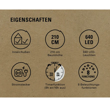 Eigenschaften: Innen- und Aussenbereich, 210 Zentimeter Baumhöhe, 640 LED-Leuchten, Stromstecker, Timerfunktion (8 Stunden an, 16 Stunden aus), 8 Beleuchtungsfunktionen