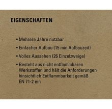 Eigenschaften: Mehrere Jahre nutzbar, einfacher Aufbau, volles Aussehen, besteht aus nicht entflammbaren Werkstoffen und hält die Anforderungen hinsichtlich Entflammbarkeit gemäß EN 71-2 ein