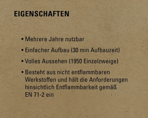 Merkmale: Mehrere Jahre nutzbar, einfacher Aufbau, volles Aussehen, nicht entflammbare Werkstoffe gemäß EN 71-2