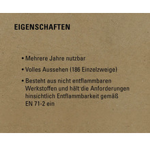 Produktmerkmale: Mehrere Jahre verwendbar, volles Aussehen mit 186 Einzelzweigen, besteht aus nicht entflammbaren Werkstoffen und entspricht den Entflammbarkeitsanforderungen gemäß EN 71-2.