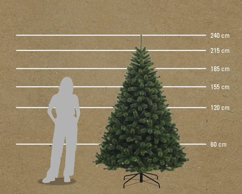 Illustration d'un sapin de Noël artificiel avec indication des tailles en centimètres