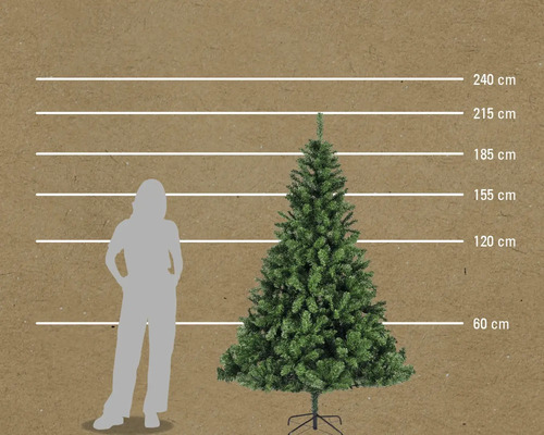 Illustration eines künstlichen Weihnachtsbaums mit Größenangaben von 60 cm bis 240 cm