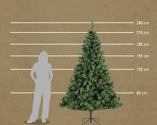 Künstlicher Weihnachtsbaum mit Größenangaben im Vergleich zu einer Person