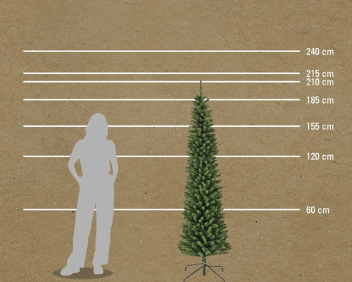 Größenvergleich einer künstlichen Tanne mit Höhenmarkierungen und einer Person.