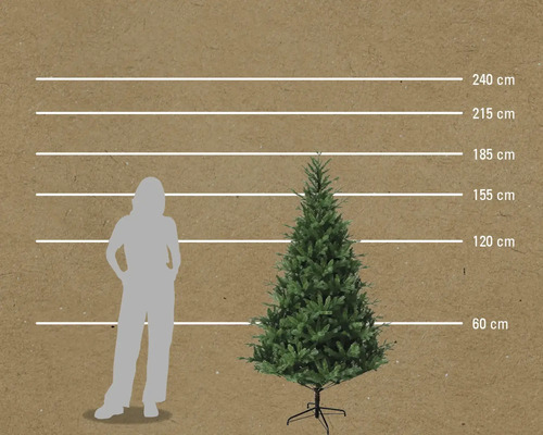 Comparaison de la taille d'un sapin artificiel avec une femme et indications de hauteur en centimètres