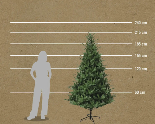 Comparaison de taille sapin de Noël artificiel avec femme et indications de taille