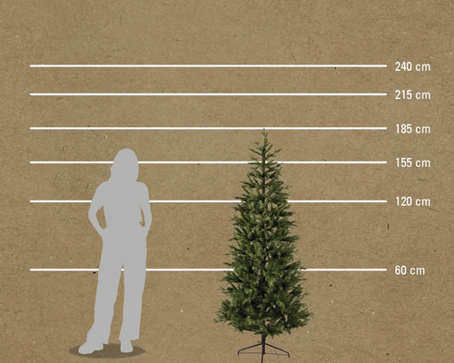 Comparaison de la taille d'un sapin artificiel avec une personne à l'aide d'une échelle en centimètres.