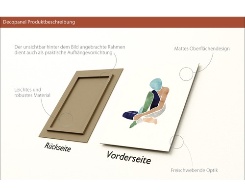 Decopanel Produktbeschreibung: Rückseite mit Rahmen zur Aufhängung und Vorderseite mit Motivdruck