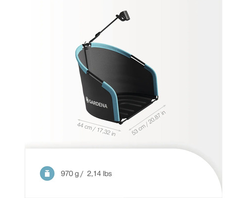 Gardena Laubsackhalter mit Gardena Logo, Abmessungen 44 mal 53 Zentimeter, Gewicht 970 Gramm