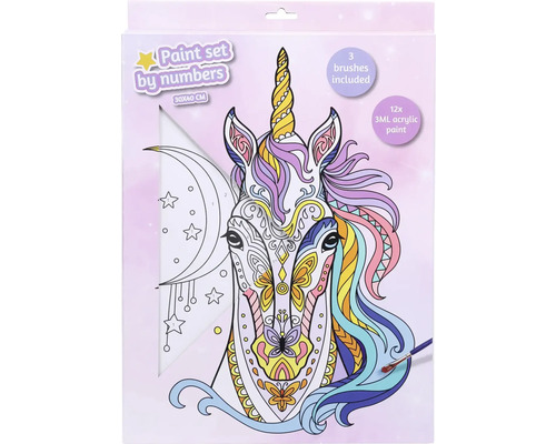 Malen nach Zahlen Set Einhorn mit drei Pinseln und zwölf Acrylfarben