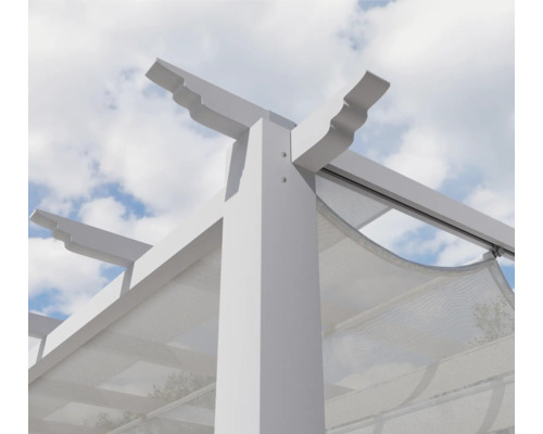 Vue détaillée d'une pergola blanche avec protection solaire