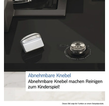 Detailansicht eines schwarzen Gasherds mit abnehmbaren Drehknöpfen zur einfachen Reinigung
