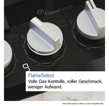 Nahaufnahme eines Kochfelds mit FlameSelect-Drehknöpfen zur Gaskontrolle.