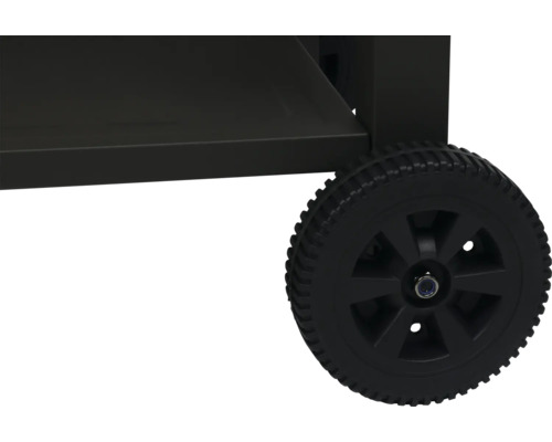 Vue détaillée d'un chariot de barbecue avec une roue noire.