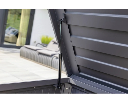 Vue détaillée d'un coffre de rangement ouvert avec ressort à gaz