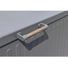 Vue détaillée d'une boîte de rangement grise avec poignée en bois