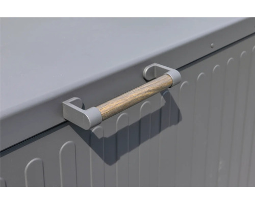 Vue détaillée d'une boîte de rangement grise avec poignée en bois