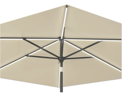 Detailansicht von unten eines Sonnenschirms mit Beleuchtung