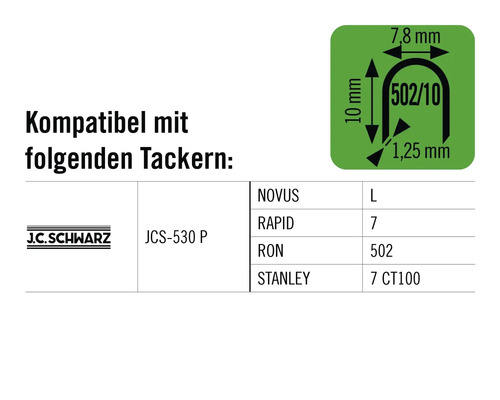 Informationen zur Kompatibilität von Klammern mit verschiedenen Tackern der Marken J.C. Schwarz, Novus, Rapid, Ron und Stanley