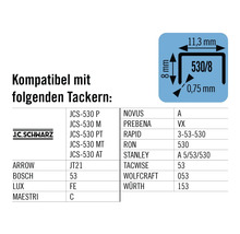 Informationen zur Kompatibilität mit verschiedenen Tackergeräten und Angaben zur Größe