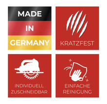 Caractéristiques du produit: Fabriqué en Allemagne, résistant aux rayures, possibilité de découpe individuelle, nettoyage facile