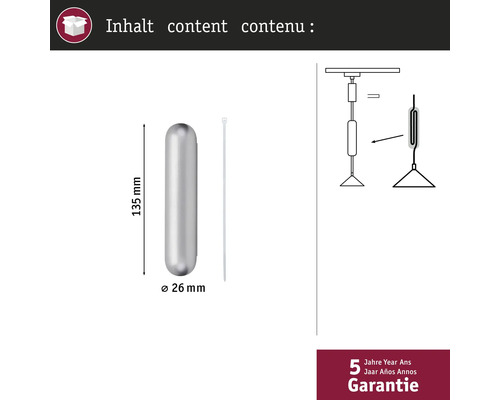 Contenu : Tige métallique de 135 mm de long, diamètre 26 mm et serre-câble, schéma d'une lampe, garantie de cinq ans