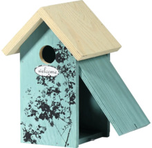 Nichoir en bois avec décoration et message de bienvenue