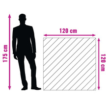 Indication de taille : Une personne mesurant 175 cm à côté d'un carré mesurant 120 cm sur 120 cm.
