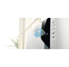 Climatiseur DeLonghi Pinguino avec panneau de commande et différents symboles pour la température, le ventilateur et le mode automatique