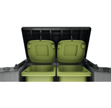 Mülltonnenbox mit zwei grünen Mülltonnen