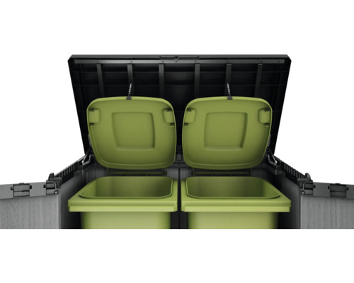 Mülltonnenbox mit zwei grünen Mülltonnen