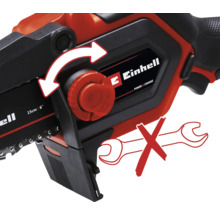 Logo Einhell. L'illustration montre le serrage de chaîne sans outil de la tronçonneuse.