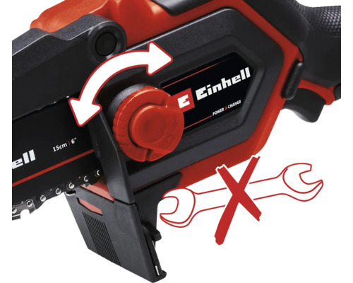 Logo Einhell. L'illustration montre le serrage de chaîne sans outil de la tronçonneuse.
